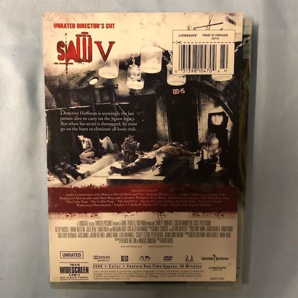 Saw V Unrated Director's Cut DVD 2008 Horror Movie Lionsgate - Picture 2 of 2